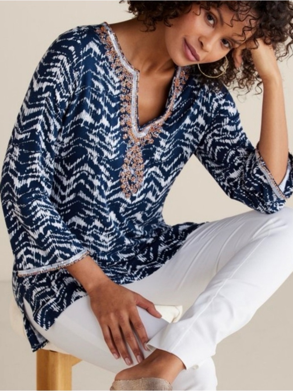 Soft Surroundings Beaded Navy Kira Ikat Tunic Top in Midnight Blue - NWT- Sz 1X